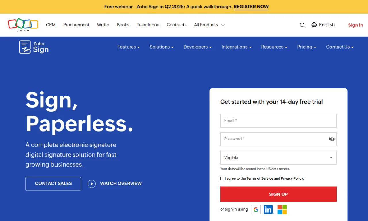 Screenshot of Zoho Sign website