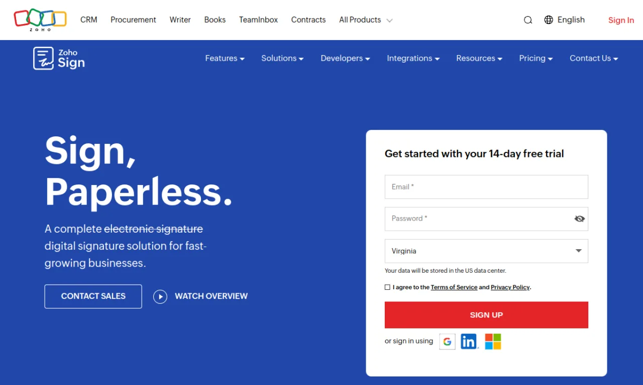 Screenshot of Zoho Sign website