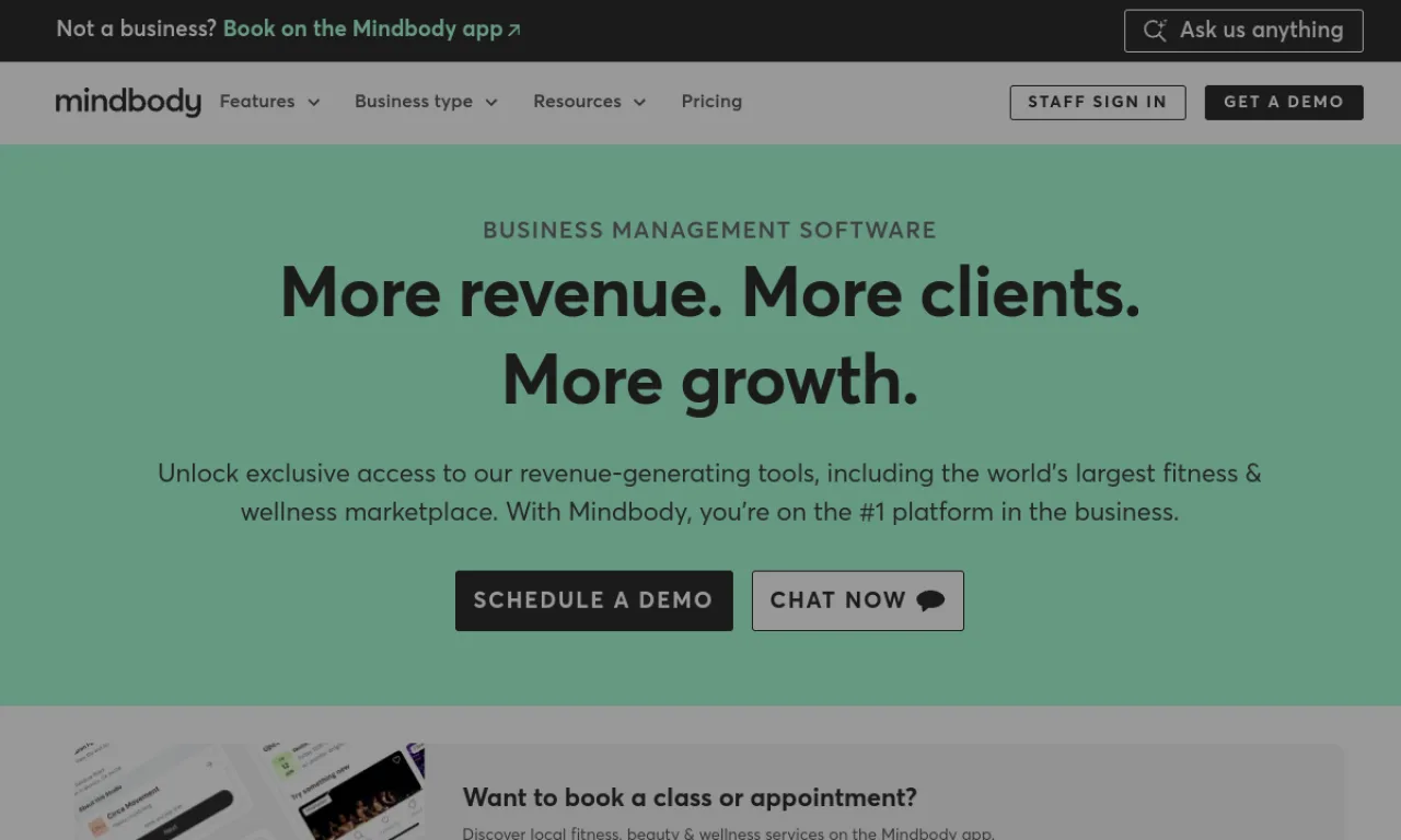 Screenshot of Mindbody website