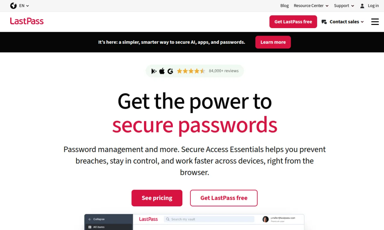Screenshot of LastPass website