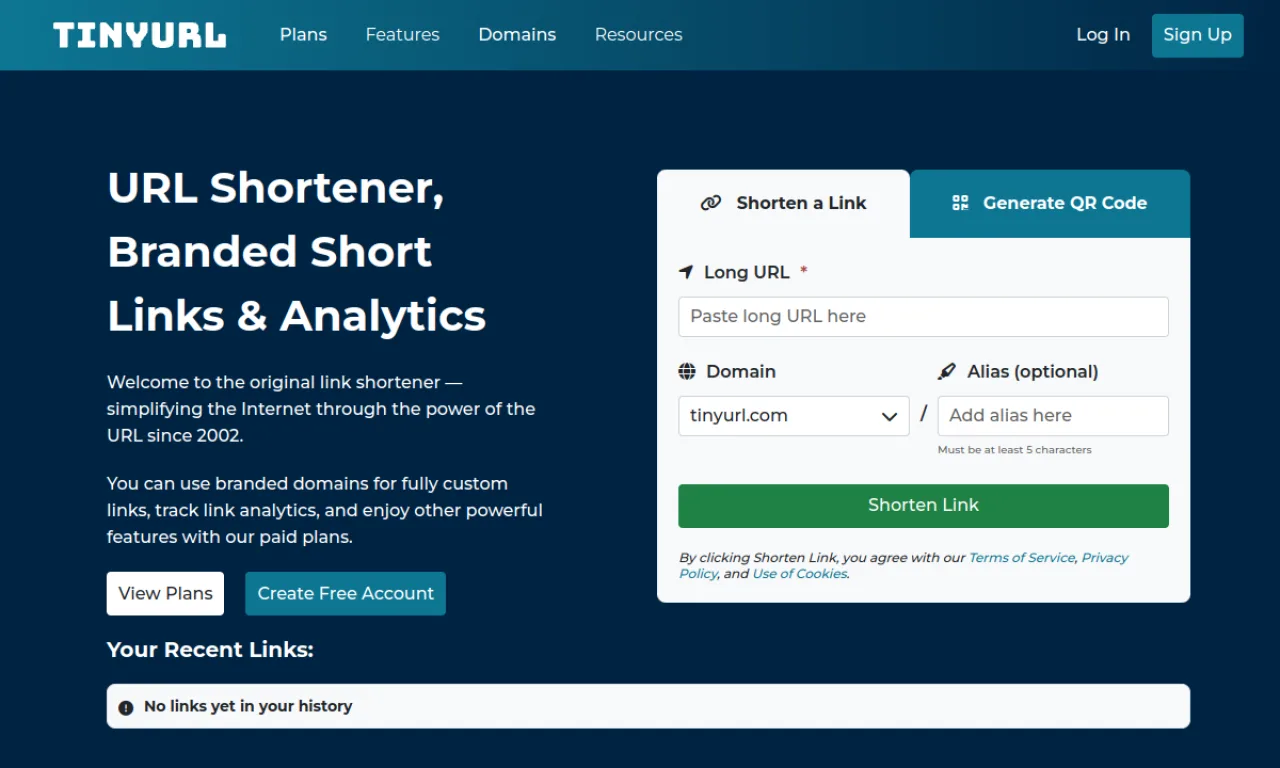 Screenshot of TinyURL website