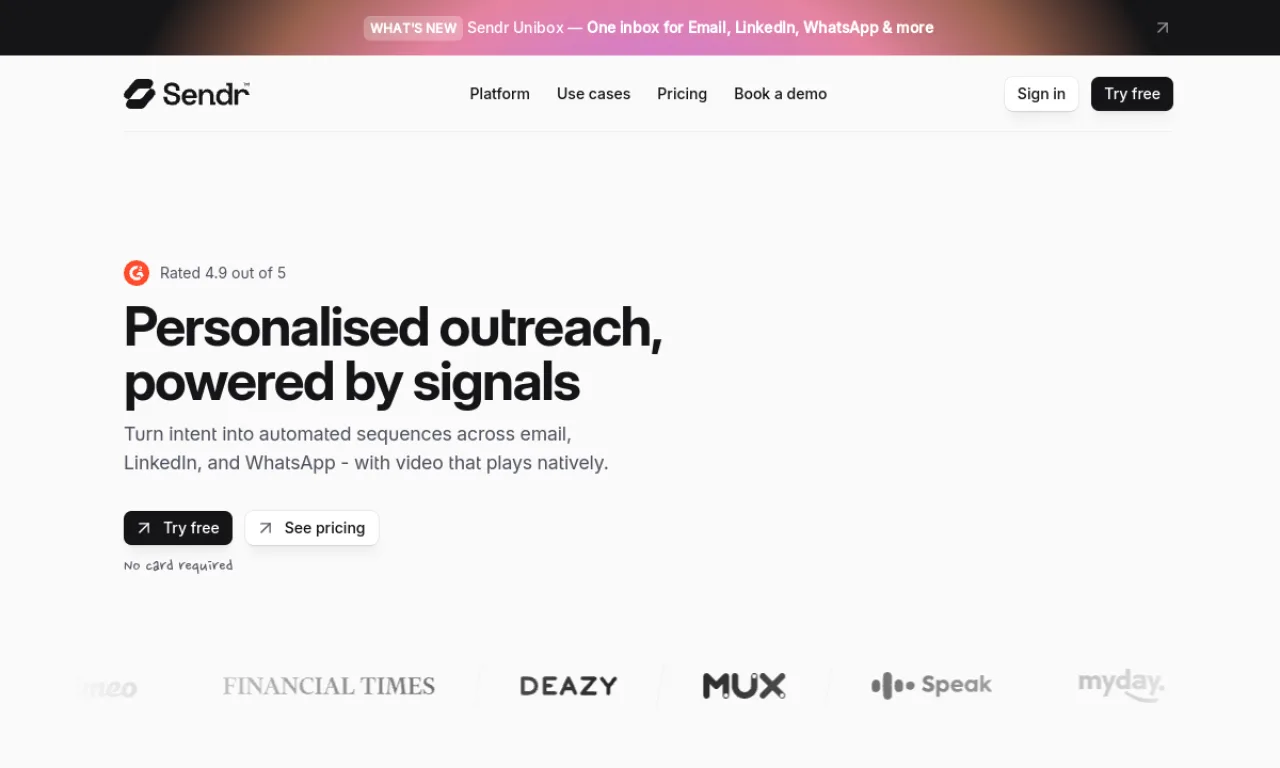 Screenshot of Sendr.ai website