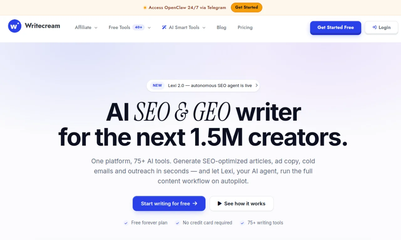 Screenshot of Writecream website