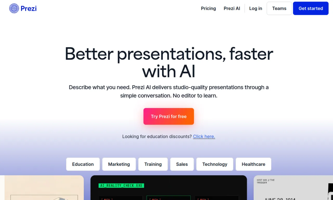 Screenshot of Prezi website