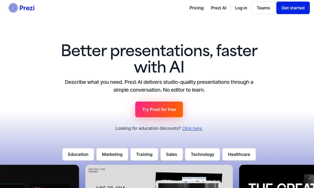 Screenshot of Prezi website