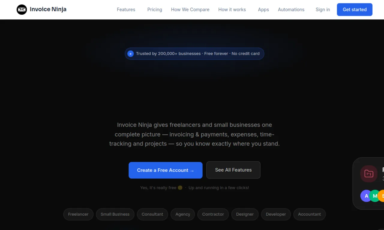 Screenshot of Invoice Ninja website
