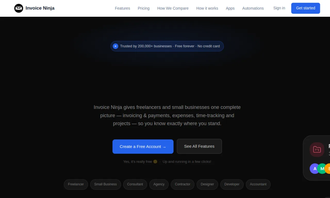 Screenshot of Invoice Ninja website
