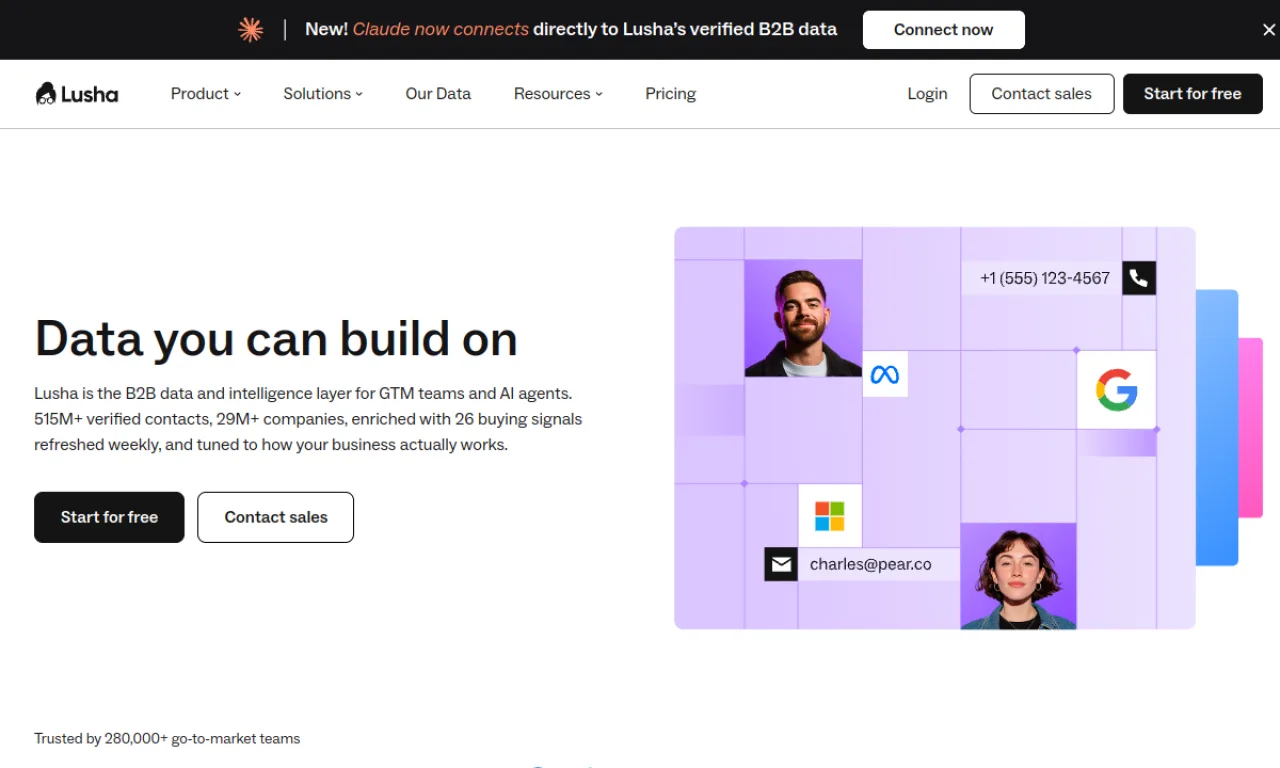 Screenshot of Leadbook / Lusha API website