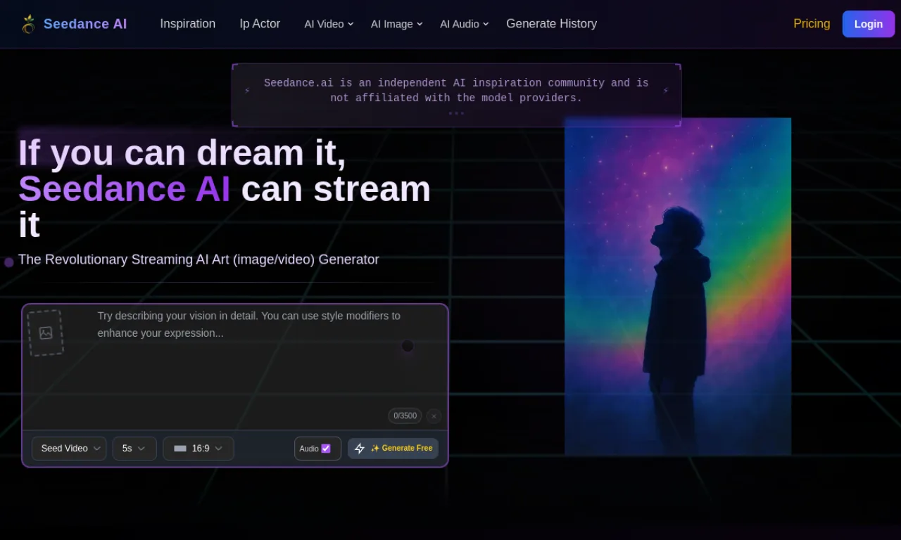 Screenshot of Seedance website