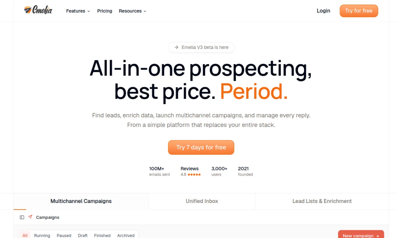 Screenshot of Emelia website