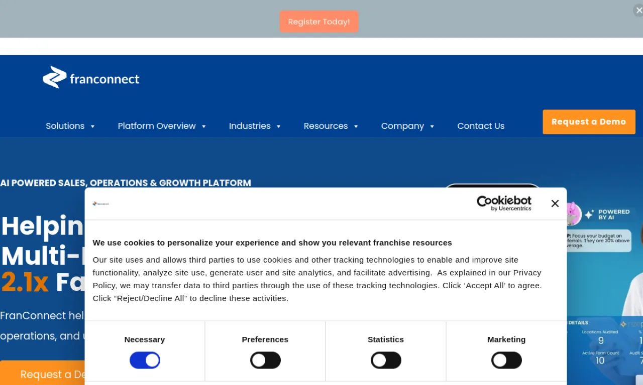 Screenshot of FranConnect website