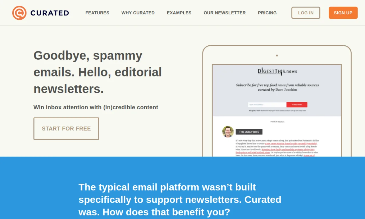 Screenshot of Curated website