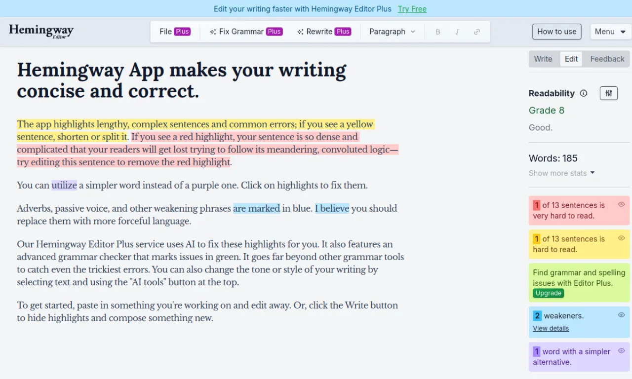 Screenshot of Hemingway website