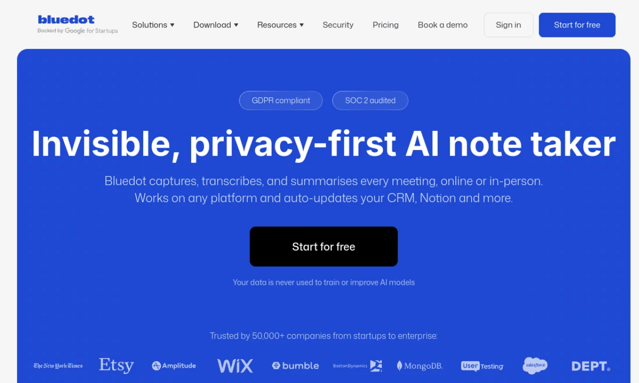 Screenshot of Bluedot / Notably website