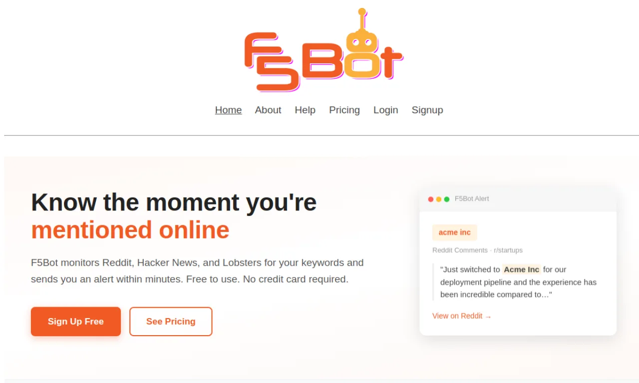 Screenshot of F5Bot website
