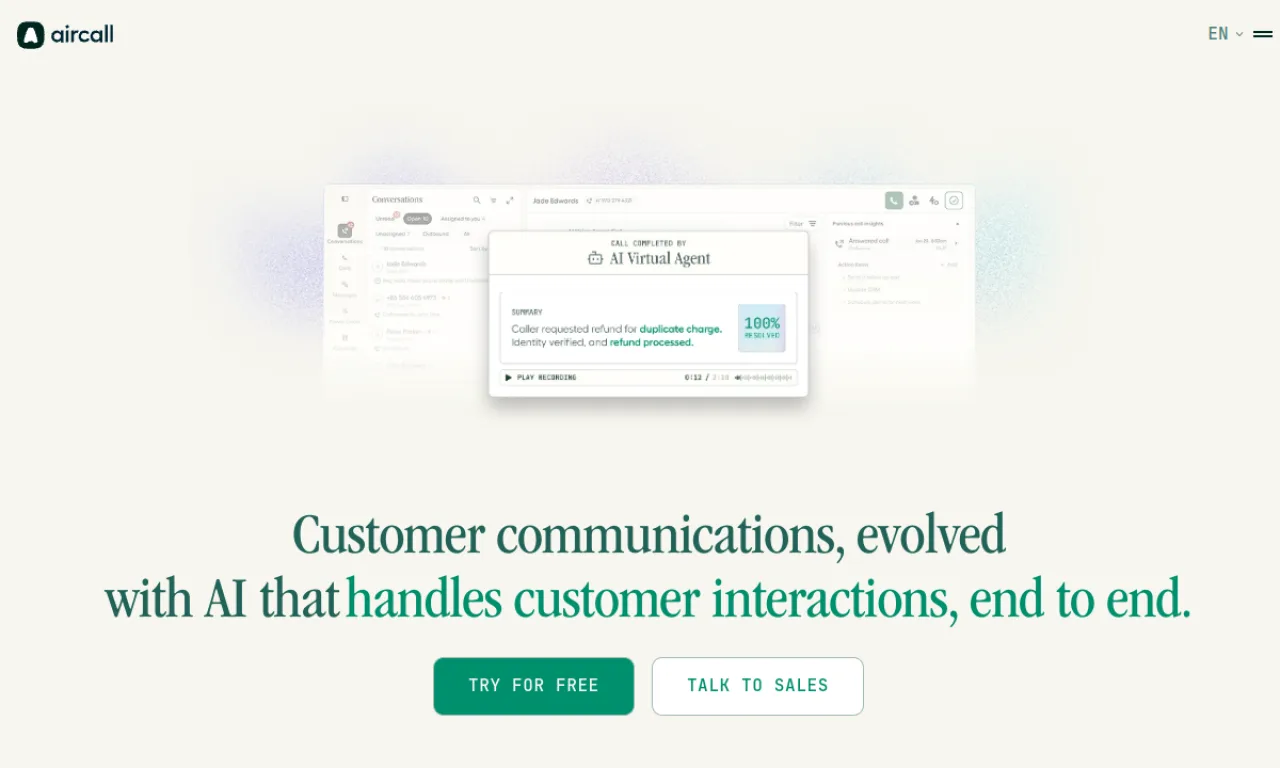 Screenshot of Aircall AI website