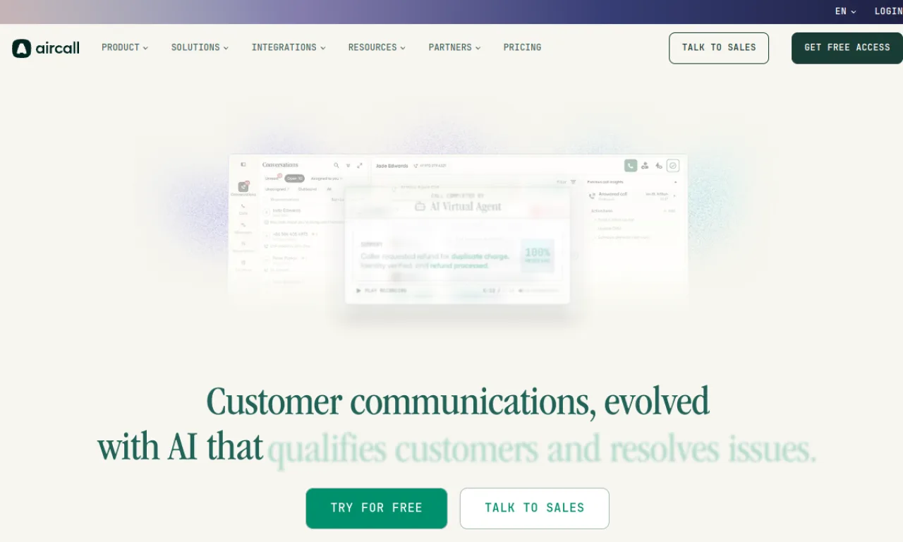 Screenshot of Aircall AI website