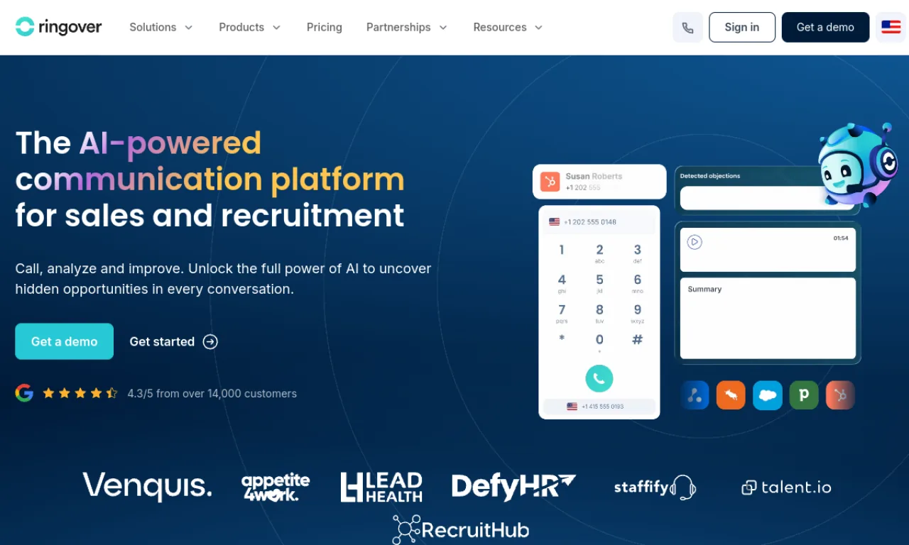 Screenshot of Ringover website