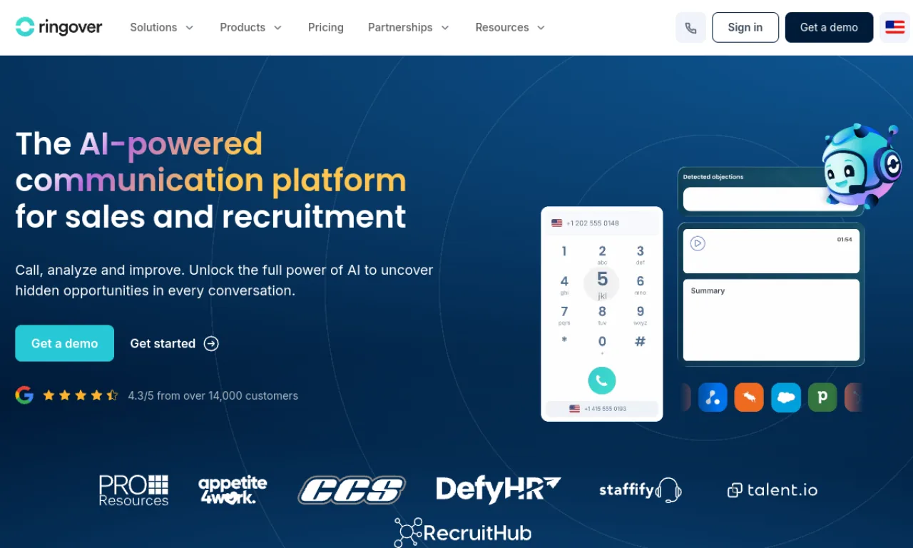 Screenshot of Ringover website