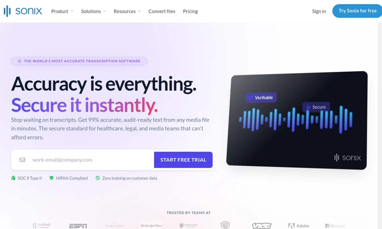 Screenshot of Sonix website