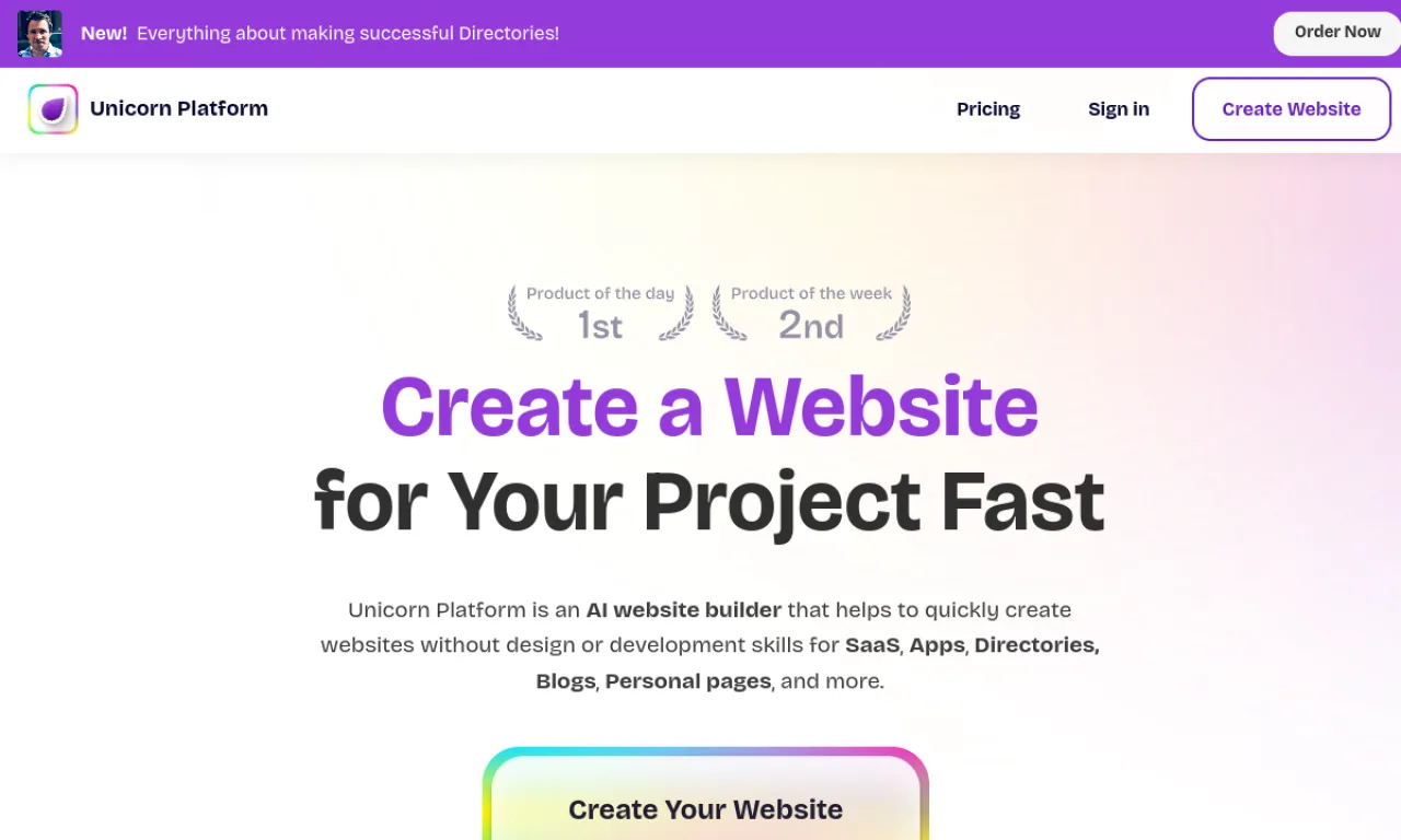 Screenshot of Unicorn Platform website