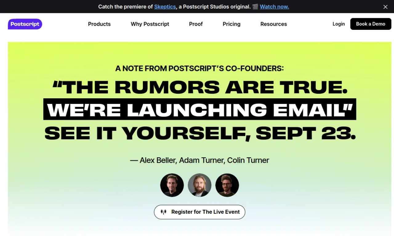 Screenshot of Postscript website