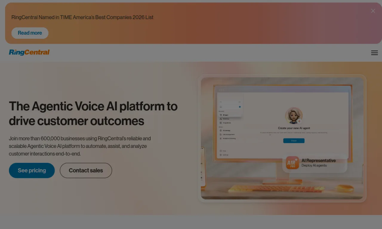 Screenshot of RingCentral / RingEX website