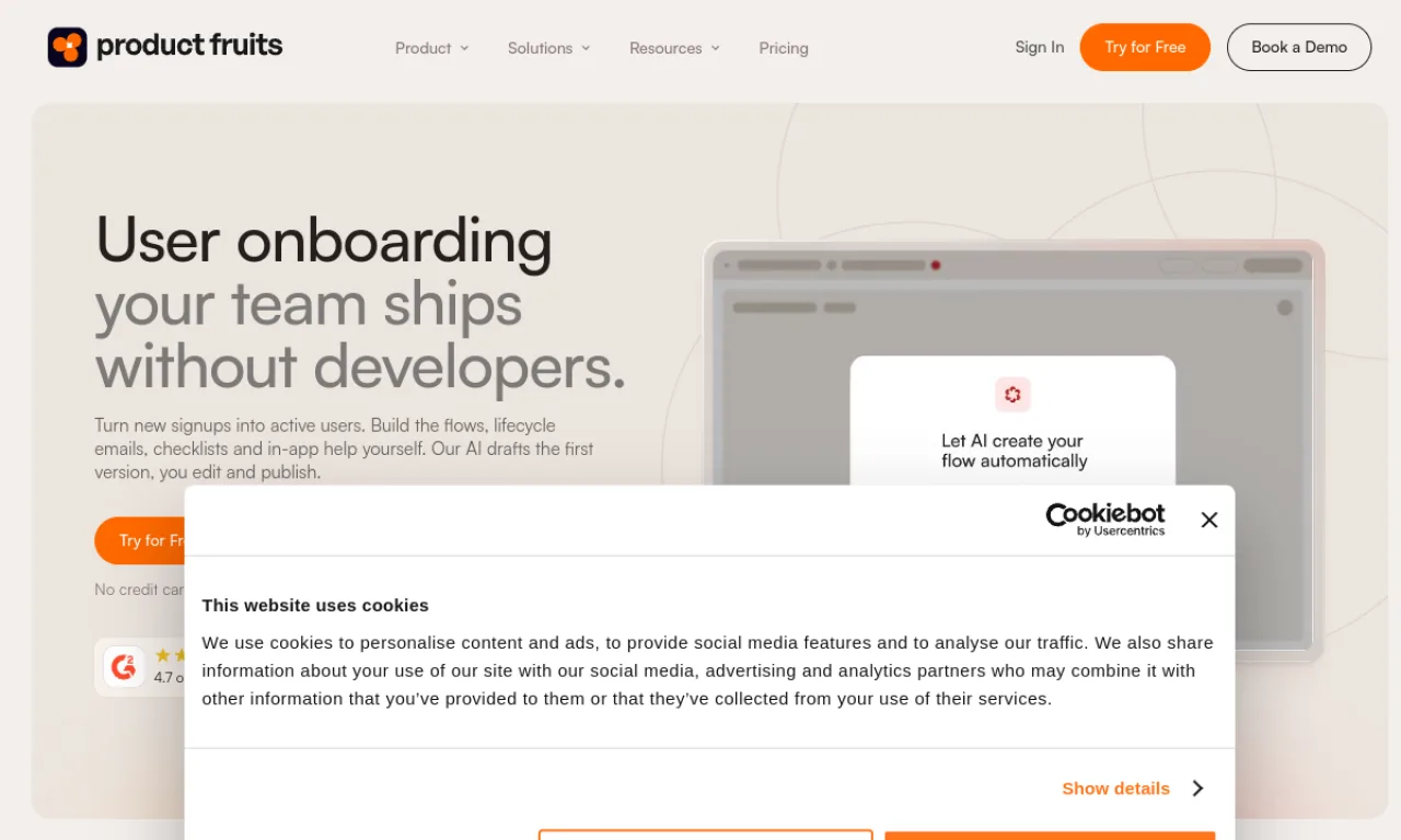Screenshot of ProductFruits website