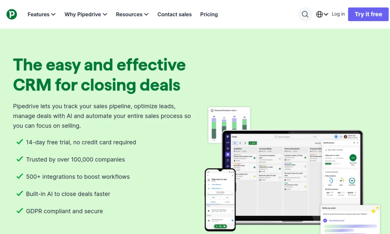 Screenshot of Pipedrive CRM website