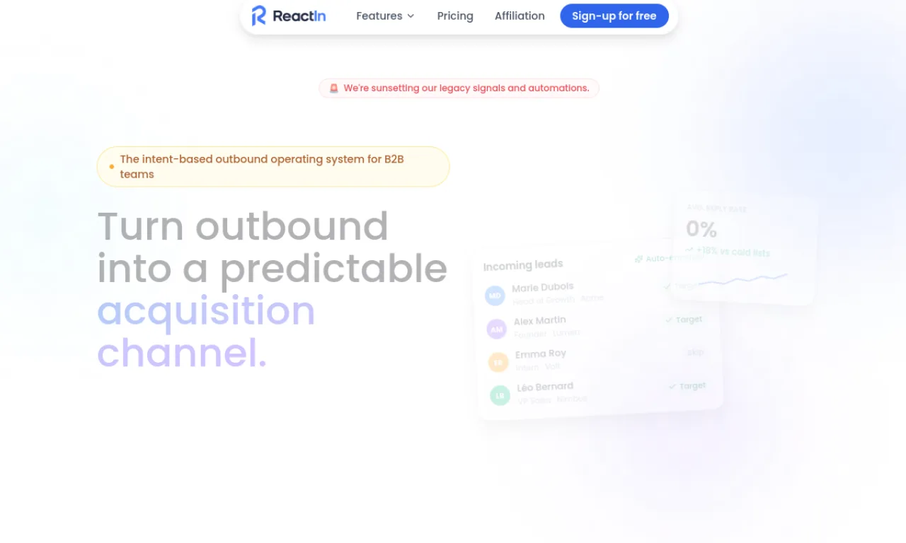 Screenshot of ReactIn website