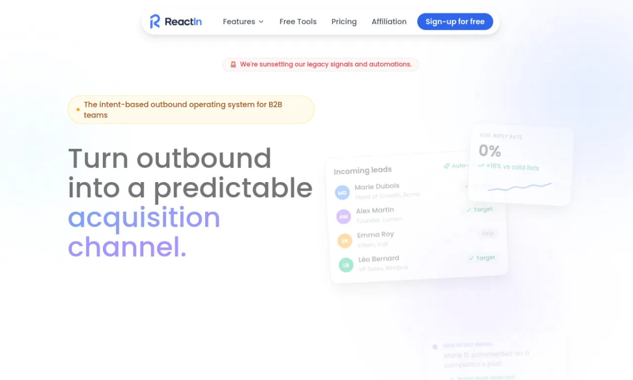 Screenshot of ReactIn website