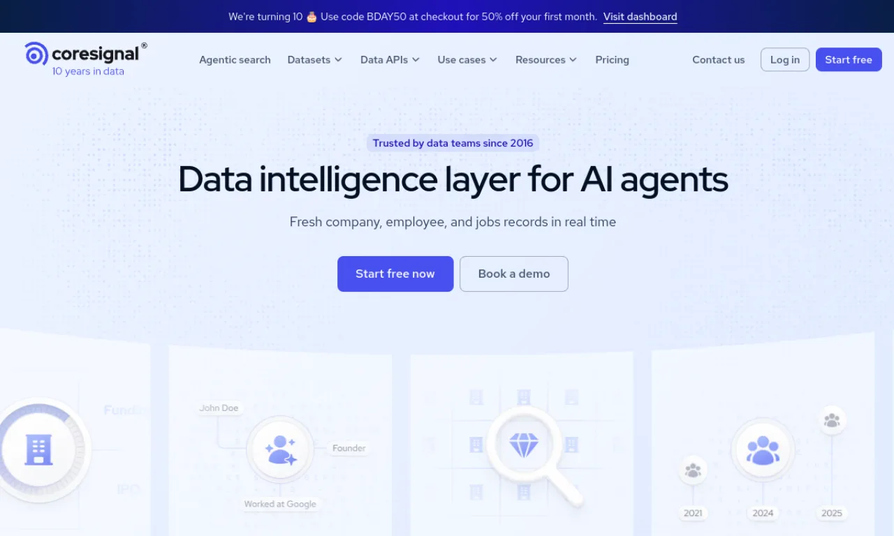 Screenshot of Coresignal API website