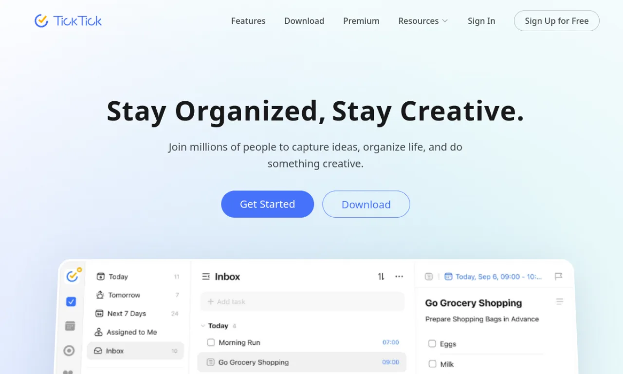 Screenshot of TickTick website
