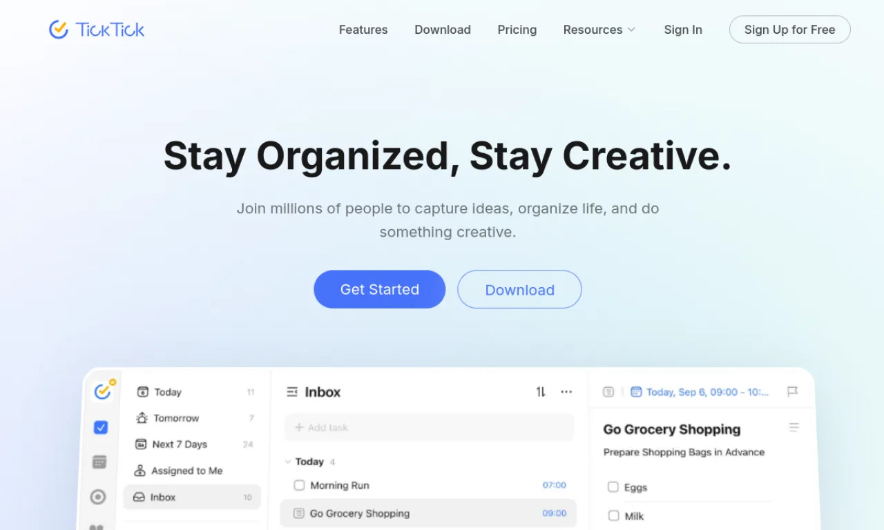 Screenshot of TickTick website