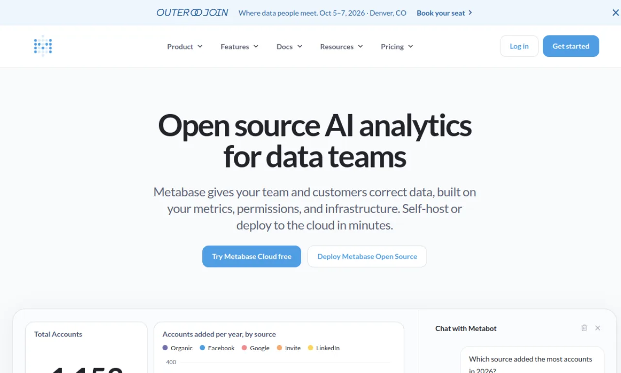 Screenshot of Metabase website