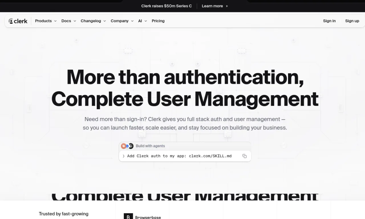 Screenshot of Clerk website