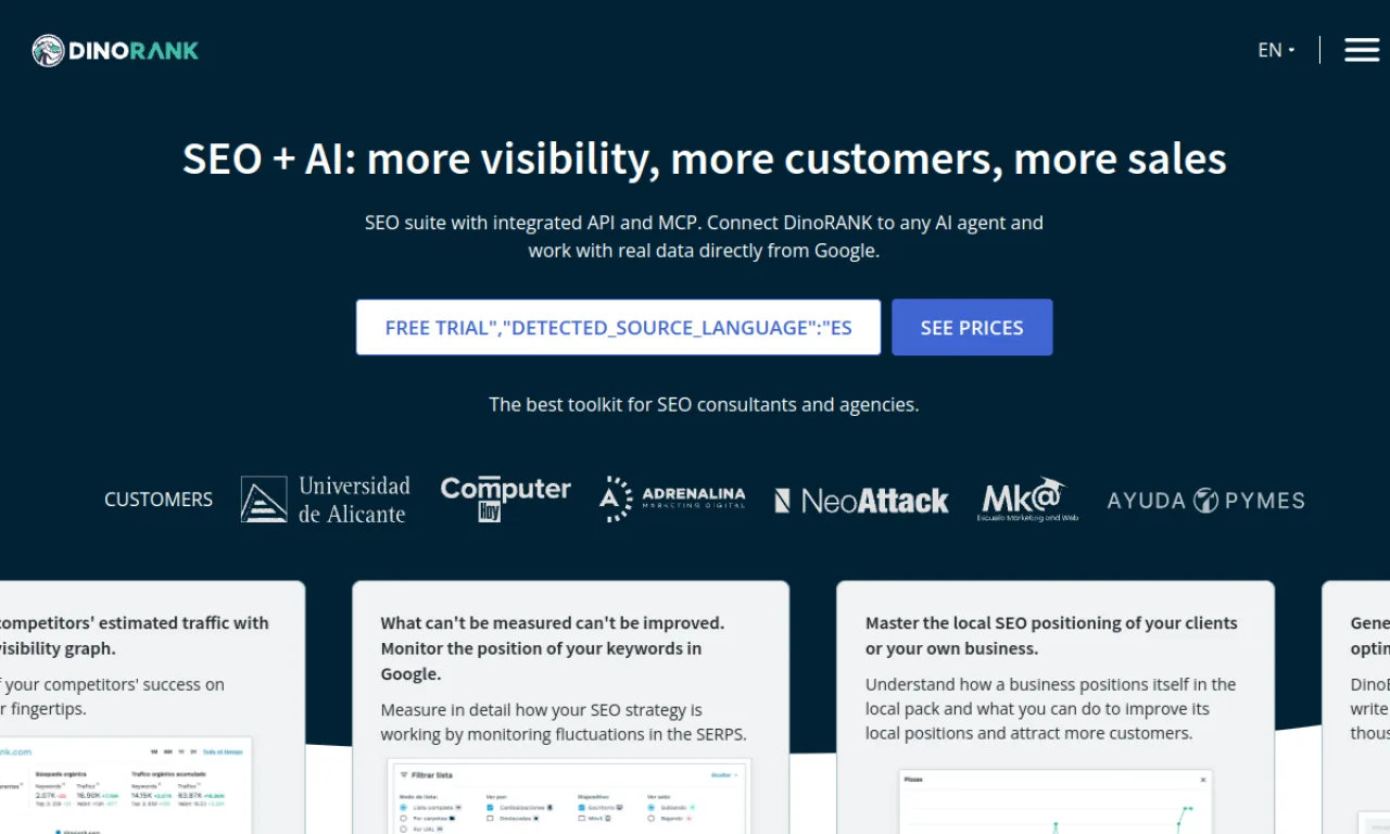 Screenshot of Dinorank website