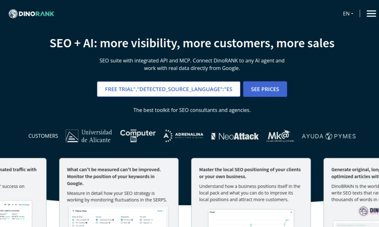 Screenshot of Dinorank website