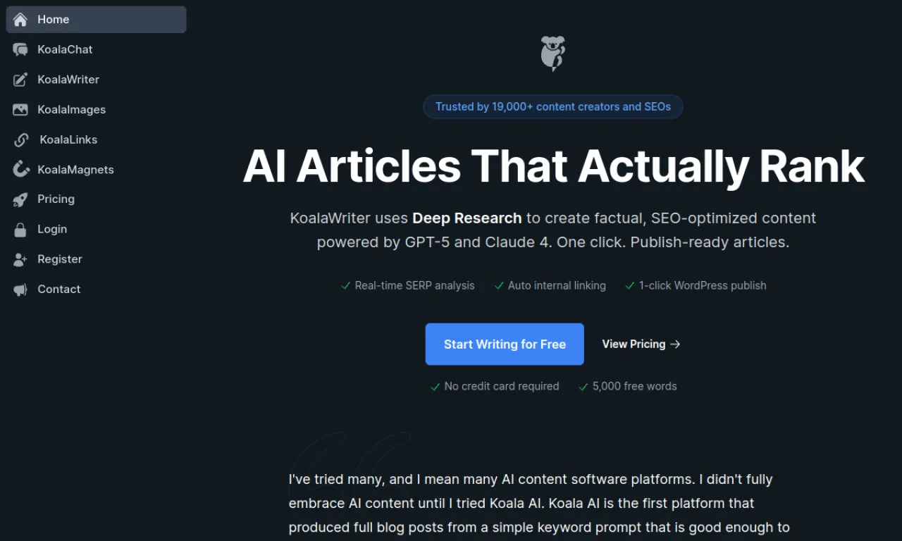 Screenshot of Koala Writer website