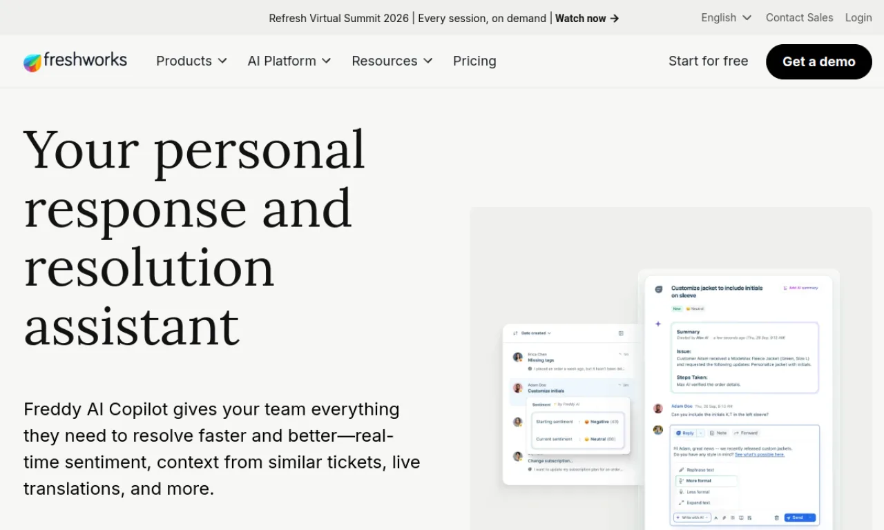 Screenshot of Freshworks Freddy Copilot website