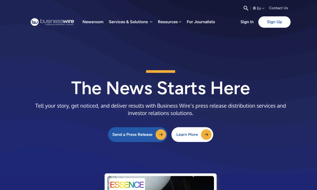 Screenshot of Business Wire website
