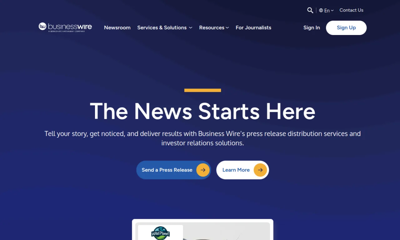 Screenshot of Business Wire website