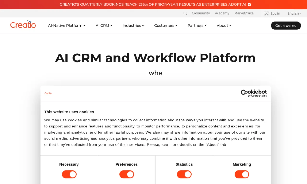 Screenshot of Creatio website