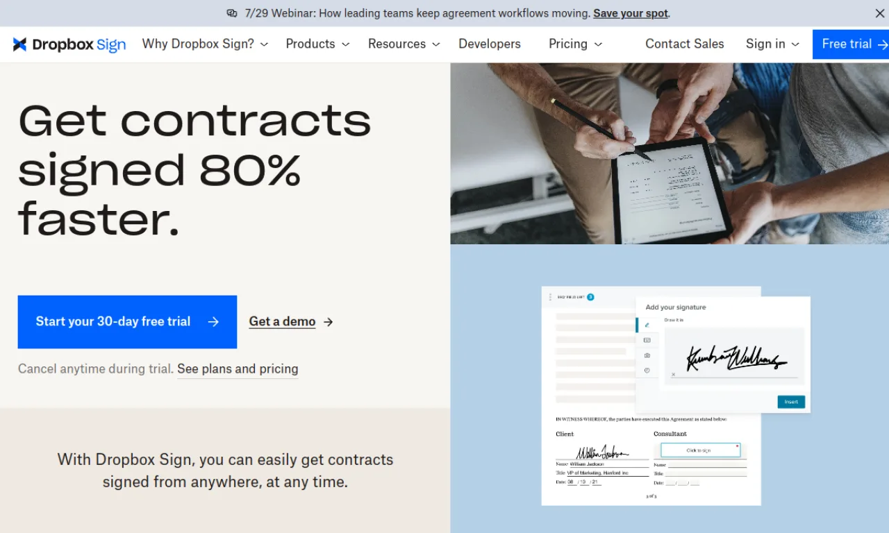 Screenshot of Dropbox Sign website