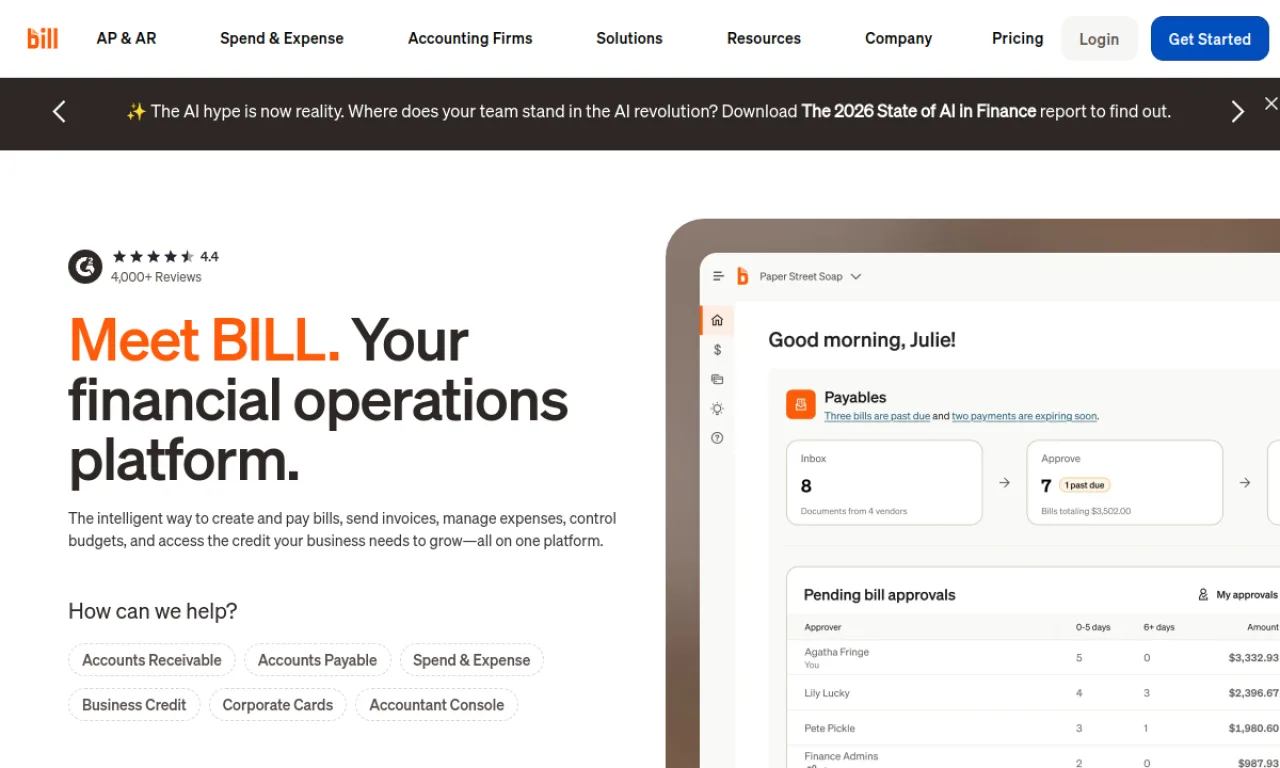 Screenshot of Bill.com website