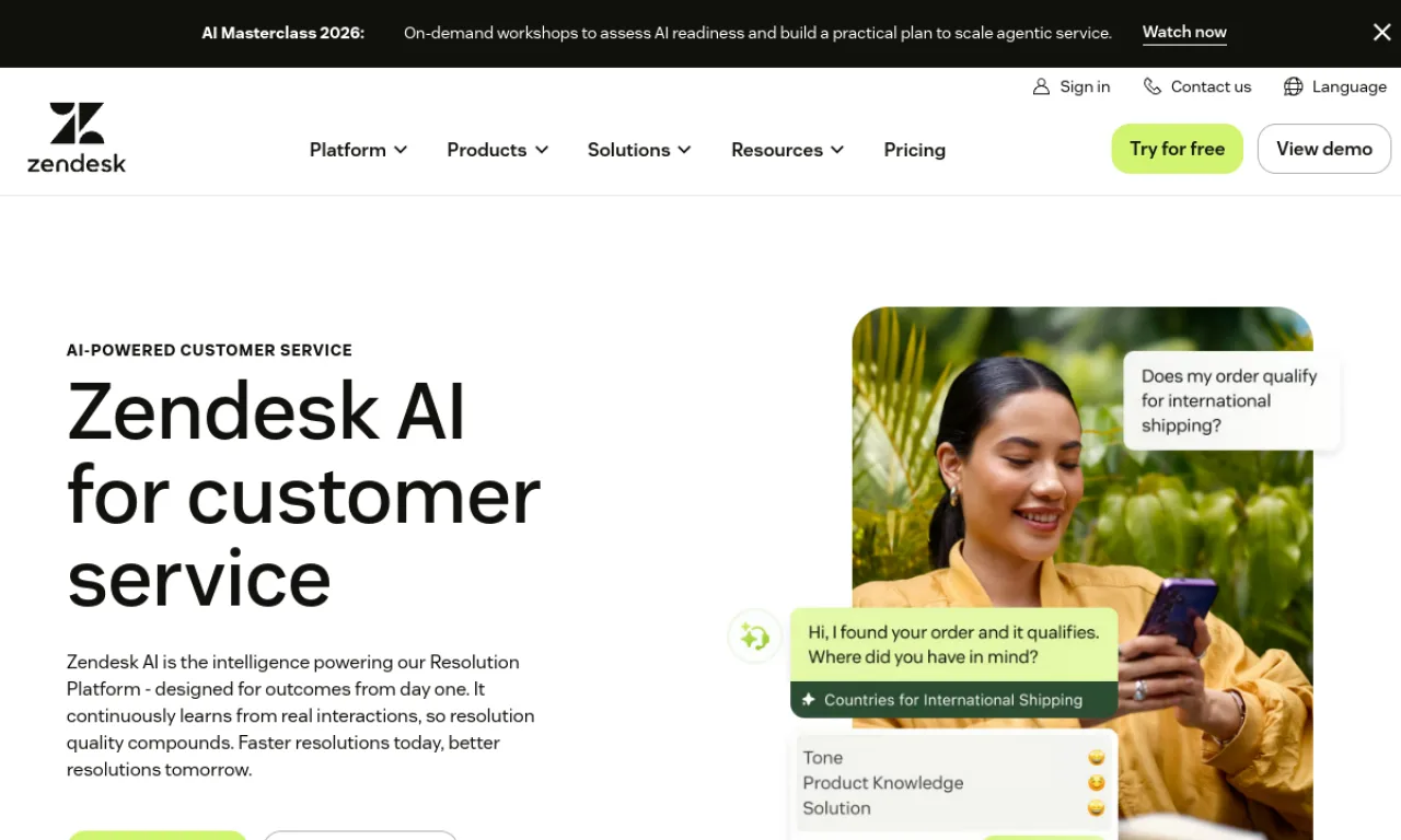 Screenshot of Zendesk AI / Agents website