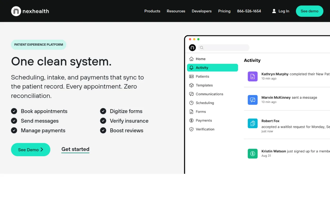 Screenshot of NexHealth website