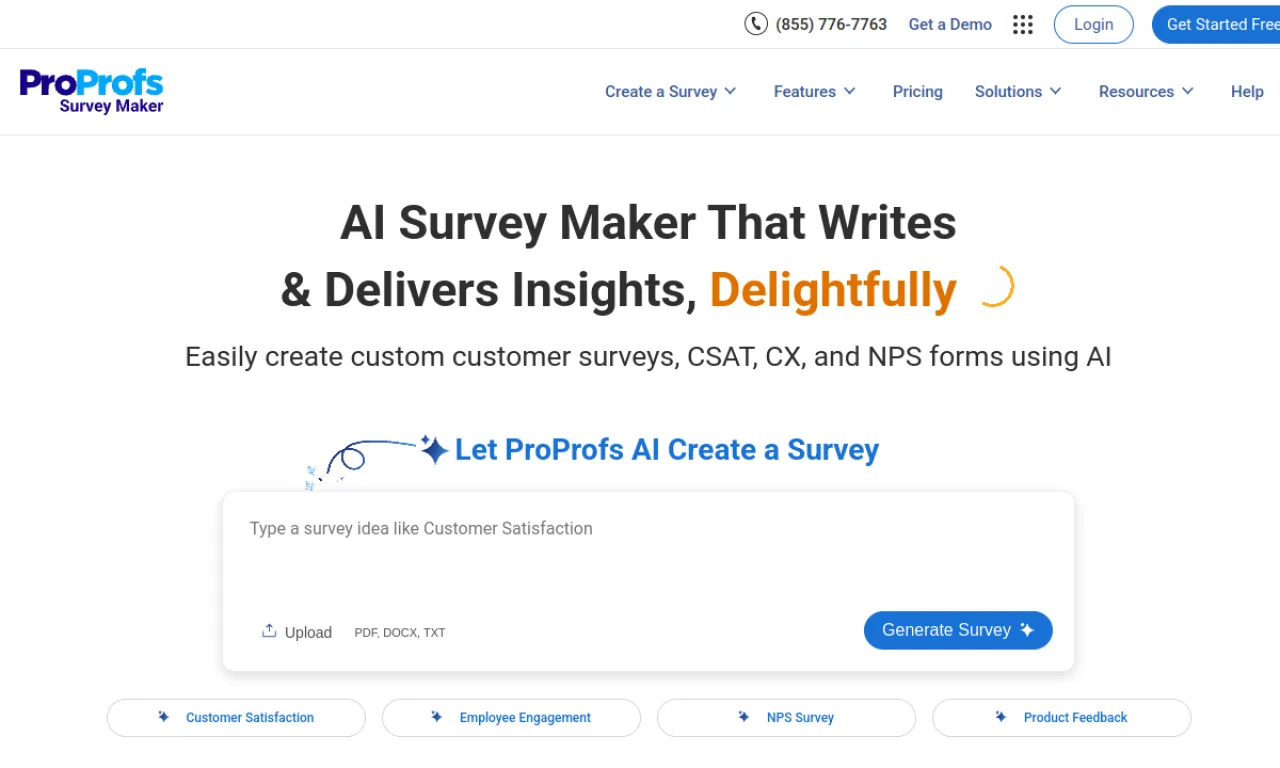 Screenshot of ProProfs Survey website