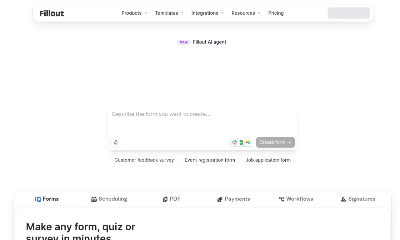 Screenshot of Fillout website