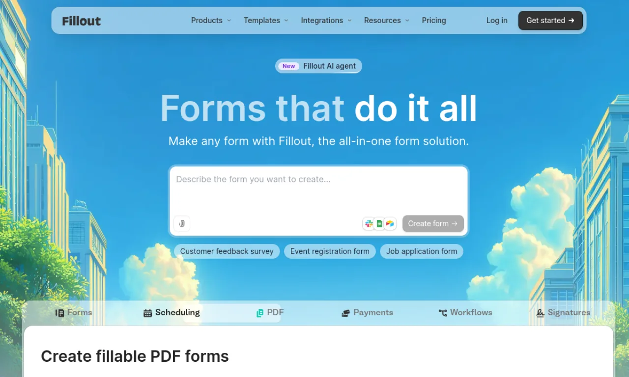 Screenshot of Fillout website